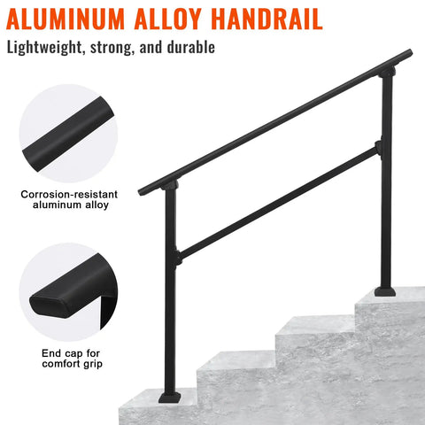 Heavy Duty Six Step Outdoor Stair Railing Kit Built Damn Tough With Galvanized Supports For Rock Solid Grip On Concrete Or Wood Steps Designed For Dead Simple DIY Install, black aluminum alloy handrail for stairs.