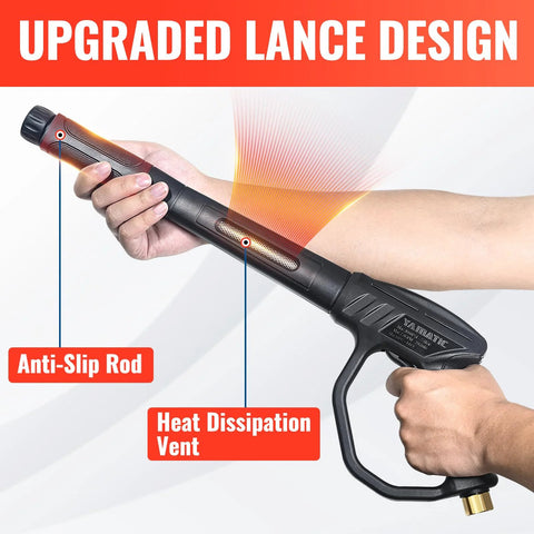 Side view of YAMATIC 43-inch pressure washer gun wand with ergonomic handle and M22 coupler.
