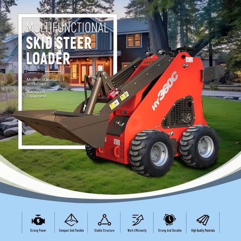 Compact Stand On Skid Steer Loader With 13.5HP Briggs And Stratton Gas Engine displayed in a garden with wheels and bucket