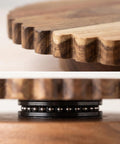 Close-up of 13 Inch Acacia Wood Cake Stand With Lazy Susan Rotating Turntable showing scalloped edge and base details.