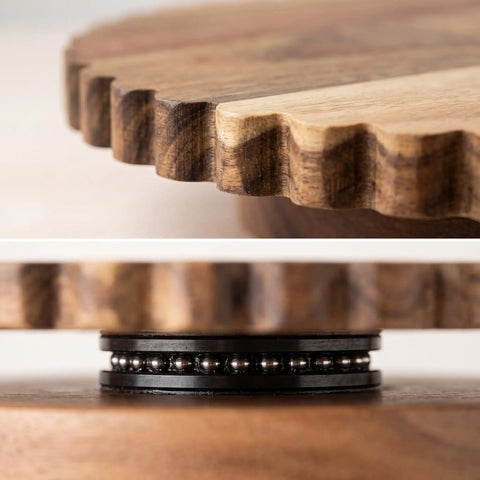Close-up of 13 Inch Acacia Wood Cake Stand With Lazy Susan Rotating Turntable showing scalloped edge and base details.