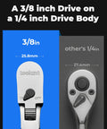 Close-up of Flexible Head Ratchet Set With One Quarter Inch, Three Eighths Inch, And One Half Inch Drives, Ninety Tooth Gear, depicting drive sizes.