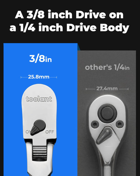 Close-up of Flexible Head Ratchet Set With One Quarter Inch, Three Eighths Inch, And One Half Inch Drives, Ninety Tooth Gear, depicting drive sizes.