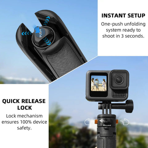Quick release lock and instant setup of Pocket 3 In One Vlog Tripod Selfie Stick With Extendable Desk Stand, shown in two views.