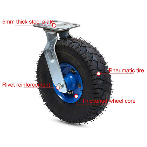 Top Shelf Rubber Inflatable Caster Wheels, Swivel Cart Casters With Brake, showing a thick steel plate and pneumatic tire design.