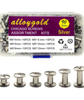 Heavy Duty Silver Chicago Screw Rivet Kit With 90 Pieces Assorted M4 And M5 Sizes For Leather Crafting DIY Projects displayed in a clear case.
