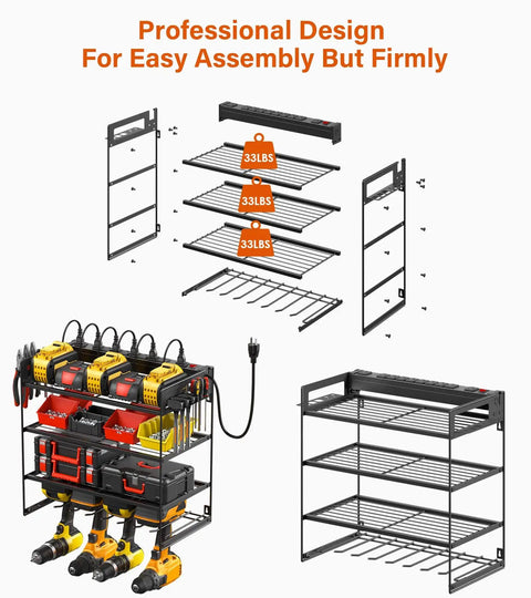 Power Tool Organizer With 10 Outlet Power Strip Four Tier Wall Mount Drill Holder And Charging Station Stores 4 Drills On Bottom Shelf With Batteries And Chargers On Upper Levels For Your Garage Or Shop Black assembly and installation diagram.