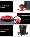 No Break Garage Beast Wet And Dry Shop Vacuum With Ultra Quiet Motor features 360° swivel casters and easy cord wrap for storage.