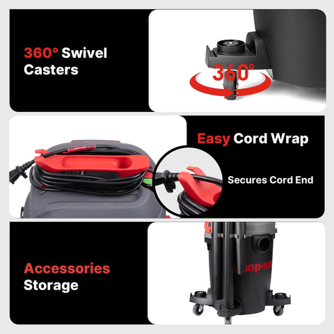 No Break Garage Beast Wet And Dry Shop Vacuum With Ultra Quiet Motor features 360° swivel casters and easy cord wrap for storage.