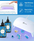 All In One UV Resin Kit With Light For Jewelry Making Crystal Clear Solar Activated Epoxy Resin 200G Set 2 X 100G Includes Silicone Mat And Gloves Easy Starter Craft Kit For DIY Pros showing bottles, UV lamp, and crafted pieces.