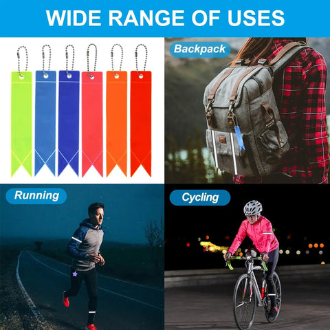 18 Pack Reflective Safety Pendants For Backpacks Keychains And Gear Multicolor Reflectors showing backpack, running, cycling