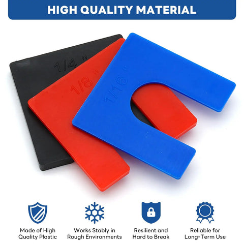 DIY Ready 36 Piece Auto Lift Leveling Shim Kit For 2 Post And 4 Post Lifts featuring blue, red, black shims for secure fit