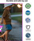 Child holding Animal Themed Kids Lantern And Headlamp Set For Camping with non-toxic and safety certifications displayed