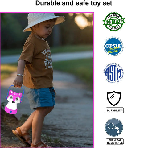 Child holding Animal Themed Kids Lantern And Headlamp Set For Camping with non-toxic and safety certifications displayed