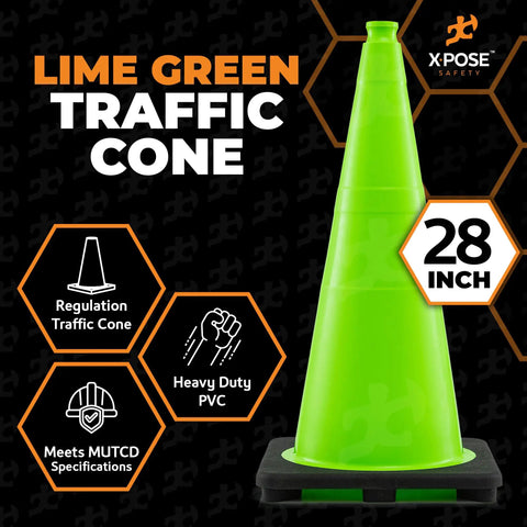 28 Inch Lime Green Traffic Cone 6 Pack Heavy Duty PVC Safety Cone For Parking Lots Construction Zones Road Crews And Emergency Vehicles DOT Approved For Parking Lot Safety And Traffic Control In Any Weather