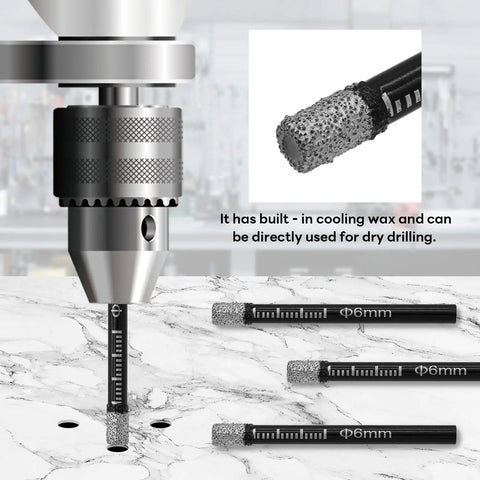 Four Piece Dry Diamond Drill Bits Set For Tile Porcelain Ceramic Stone Glass Granite Marble 6mm Diamond Hole Saw Core Bits in use