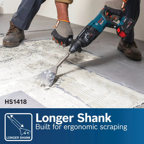 Person using SDS-Plus Bulldog Floor Scraper with 5in blade for mortar removal