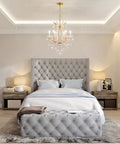 Gold Crystal Chandelier Pendant Light D22 with six lights hanging in an elegant bedroom featuring tufted headboard and soft lighting.