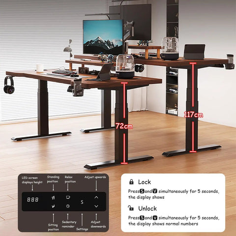 Adjustable Standing Desk With Three Memory Presets Smooth Operator Height Glide Ergonomic Sit Stand Office Table showing height adjustments and control panel.