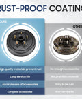 Trailer brake hub drum pair; left coated black 5-hole 10-inch drum, right rusted sample for comparison.