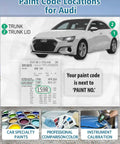 Audi car with Glacier White Metallic color code LS9R shown, highlighting paint code location for Audi models and repair tools.