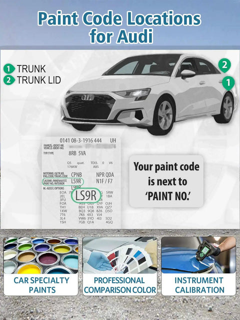 Audi car with Glacier White Metallic color code LS9R shown, highlighting paint code location for Audi models and repair tools.