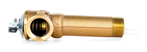 Side view of Temperature And Pressure Relief Valve For Water Heaters 3/4 Inch Inlet Outlet 150 Psi 210 F With 3-5/16 Inch Shank Copper Alloy Body Camco Durable Residential Safety Valve For Home And RV Water Heaters With Easy Installation And Reliable Performance.