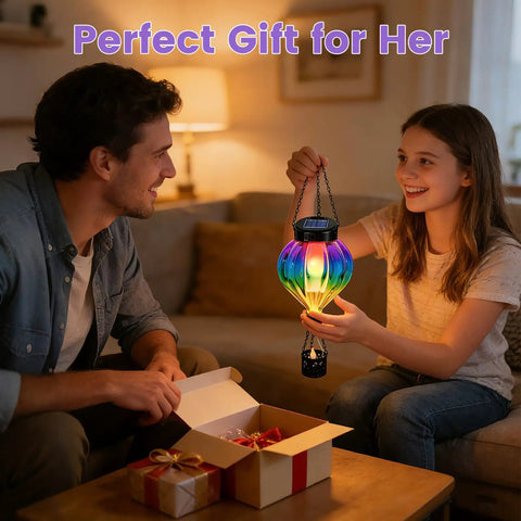 Hot Air Balloon Solar Lantern Outdoor Waterproof Hanging Glass Light With Flickering Flame Totally For Garden Backyard Patio Fence Decor Purple Gifts For Women presented by child and man indoors