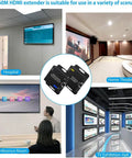 Huge 200 Foot Hdm Extender Over Cat6 Cat7 Ethernet Cable in various settings like hospital, home theater, conference room, and exhibition hall.