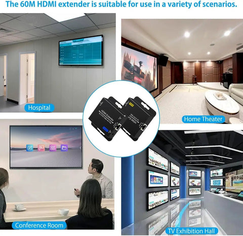 Huge 200 Foot Hdm Extender Over Cat6 Cat7 Ethernet Cable in various settings like hospital, home theater, conference room, and exhibition hall.