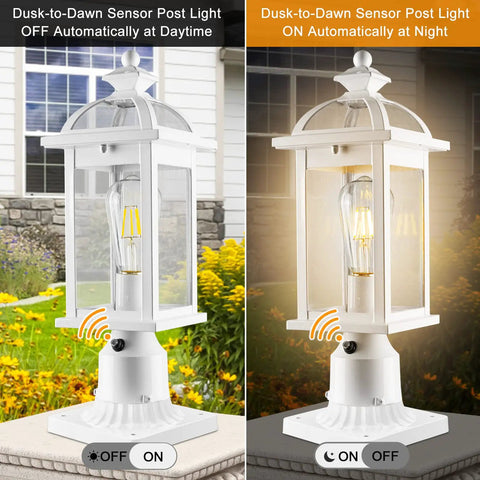 Dusk To Dawn Outdoor Post Light With Seeded Glass showing daytime and nighttime sensor function, IP65 weatherproof design