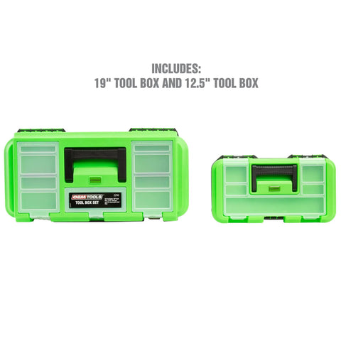 Dual Tool Box Set With 19 Inch And 12.5 Inch Plastic Portable Boxes, front view showing handles and compartments, green color