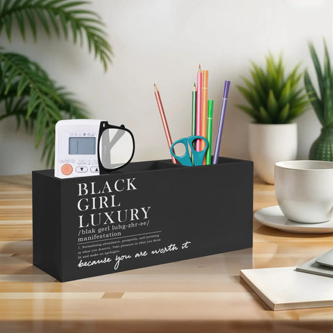 Black Girl Luxury Inspirational Pen And Pencil Holder For Desk, Three Compartment Organizer With Positive Affirmations.
