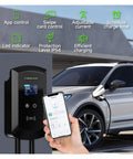 Heavy Duty Ev Charger With Type Two Connector, compact wall unit, 32A, app control, charging an EV in a driveway.