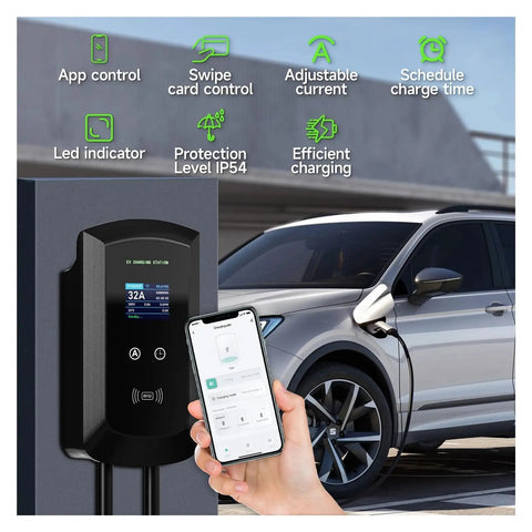 Heavy Duty Ev Charger With Type Two Connector, compact wall unit, 32A, app control, charging an EV in a driveway.