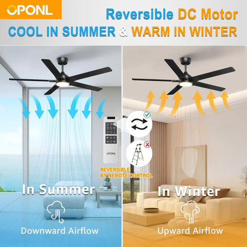 52 Inch Ceiling Fan With Lights And Remote, Black Finish, Reversible 5 Blade Design With Black And Natural Wood Sides, In Summer and Winter Modes, Downward and Upward Airflow