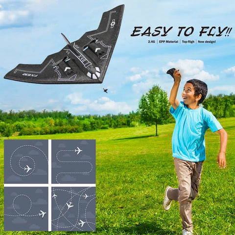 Boy flying B-2 Spirit Stealth Bomber RC Airplane Ready To Fly 2.4GHz 2CH Foam Drone For Kids And Adults, black color.