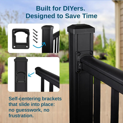 Heavy Duty Aluminum Deck Railing Kit 36 Inch Height By 8 Feet Width With Solid Breadloaf Grip showing self-centering brackets.
