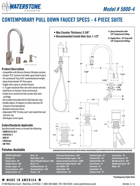 Contemporary Pull Down Kitchen Faucet With Antique Pewter Finish Heavy Duty Build specifications diagram with dimensions and features.