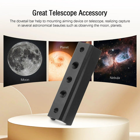 Finderscope Dovetail Mount Plate For Telescopes Universal Rail Base And Bracket on display with moon and planet images
