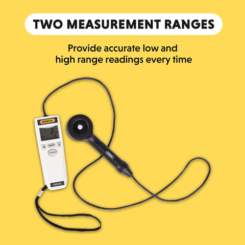 Dual Range UV A B Meter For UVA UVB Light Intensity 280 To 400 Nm Backlit LCD Display with sensor cable on yellow background