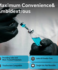 Two black nitrile disposable gloves handling a syringe and vial with blue liquid