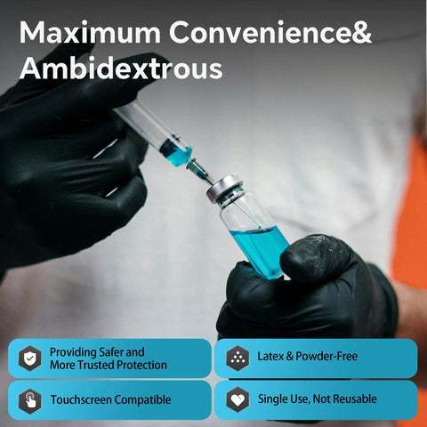 Two black nitrile disposable gloves handling a syringe and vial with blue liquid