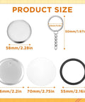 Epic 58mm Button Maker Kit for Keychains with 100 Sets of Parts showing button sizes and keychain components.