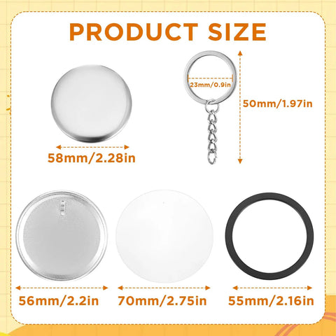 Epic 58mm Button Maker Kit for Keychains with 100 Sets of Parts showing button sizes and keychain components.