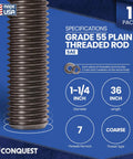 Unfinished Grade 55 1-1/4 Inch All Thread Rod With Nuts And Washers, 36 Inch Length, Coarse UNC 7 Threads Per Inch, Made In USA
