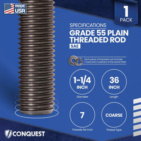 Unfinished Grade 55 1-1/4 Inch All Thread Rod With Nuts And Washers, 36 Inch Length, Coarse UNC 7 Threads Per Inch, Made In USA