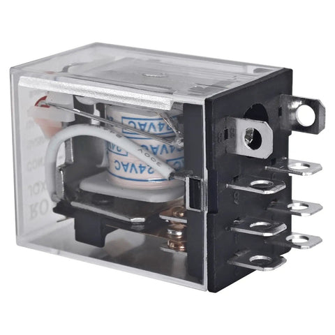 Two Pack General Purpose DPDT Power Relay 24VAC with 10A contact rating and 46mA load current at 60Hz, side view close-up