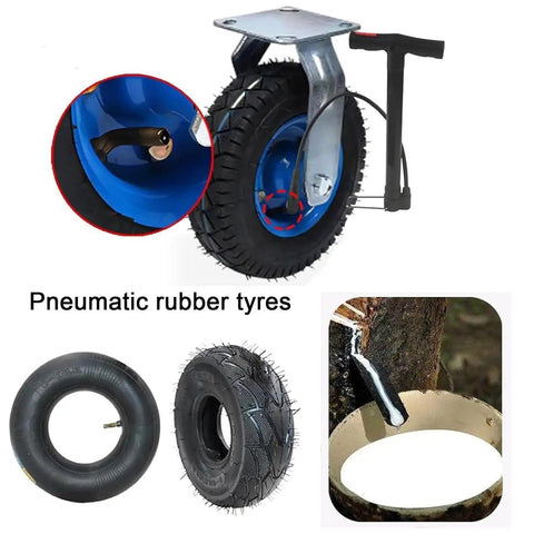 Premium Heavy Duty Pneumatic Rubber Swivel Caster Wheels With Locking Brakes And Rock Solid Silent Rolling Action close-up view with air pump.
