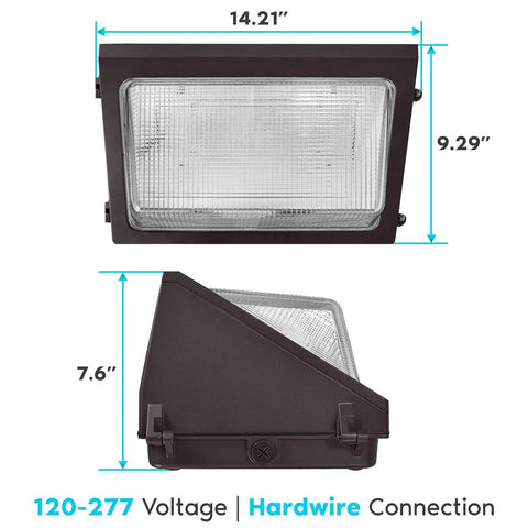 Dimensions of Beefed-Up Outdoor Wall Pack Light With Photocell Sensor showing front and side view with measurements.